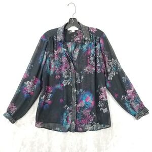 Badgley Mischka Blouse Women L Floral Studded Semi Sheer Button Front Whimsigoth